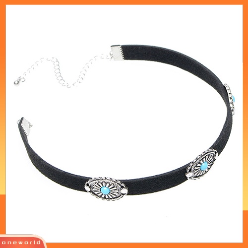 [WONE] Retro Wanita Turquoise Bunga Beludru Choker Kerah Kalung Gaya Etnik Boho