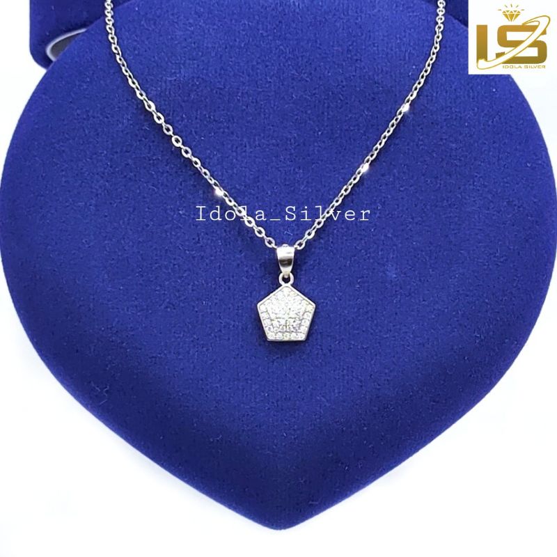 KALUNG PERAK ASLI SILVER WANITA 925 LAPIS EMAS PUTIH MODEL LIONTIN SEGILIMA PERMATA FULL - PERHIASAN PERAK WANITA ASLI