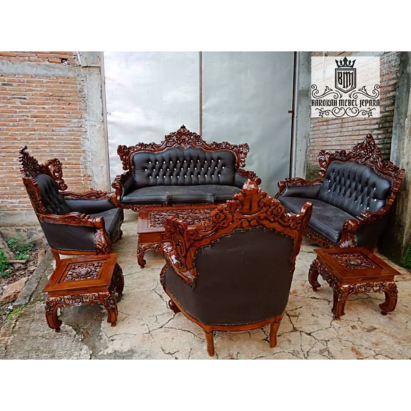 Sofa tamu jati jumbo mewah formasi 3211+meja besar & meja kecil 2 free kaca meja