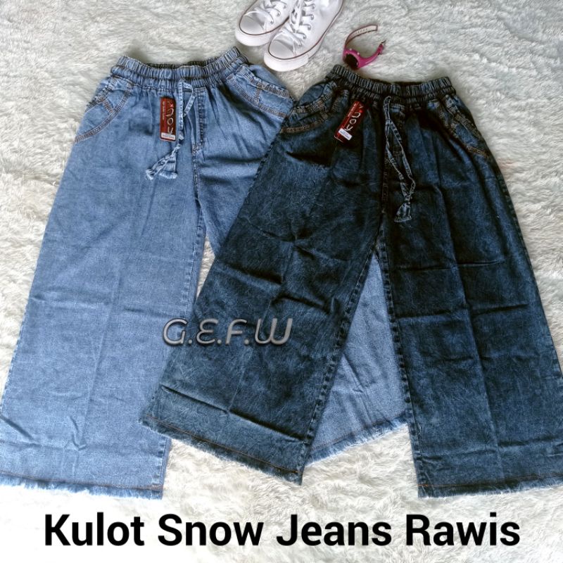 Celana Kulot Jeans Rawis Pinggang Karet All Size Fit XL Dari Bb 50kg Sampai Bb 75kg / Kulot Levis Panjang Model Bawah Robek Sobek Warna Snow Hitam Snow Biru Bahan Denim Lembut Dan Halus Tidak Luntur