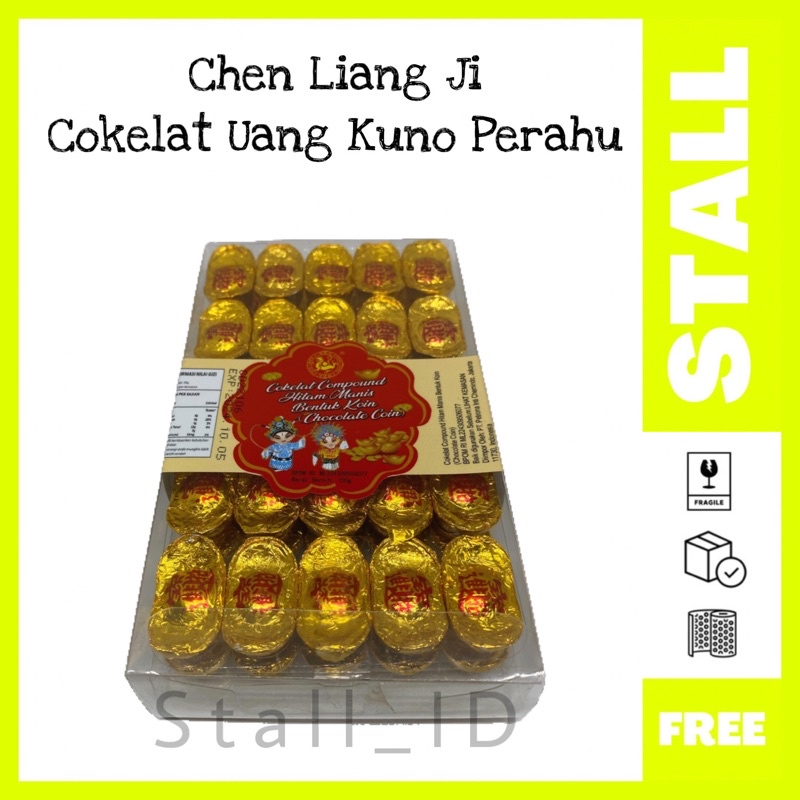 

Chen Liang Ji Gold Tael 50pcs Coklat Imlek Uang Kuno Perahu 150gr Yuan Bao