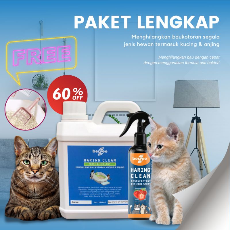 ( HARING CLEAN ) paket lengkap refill 1 Liter dan spray 250 penghilang bau kotoran hewan pesing kandang kucing anjing