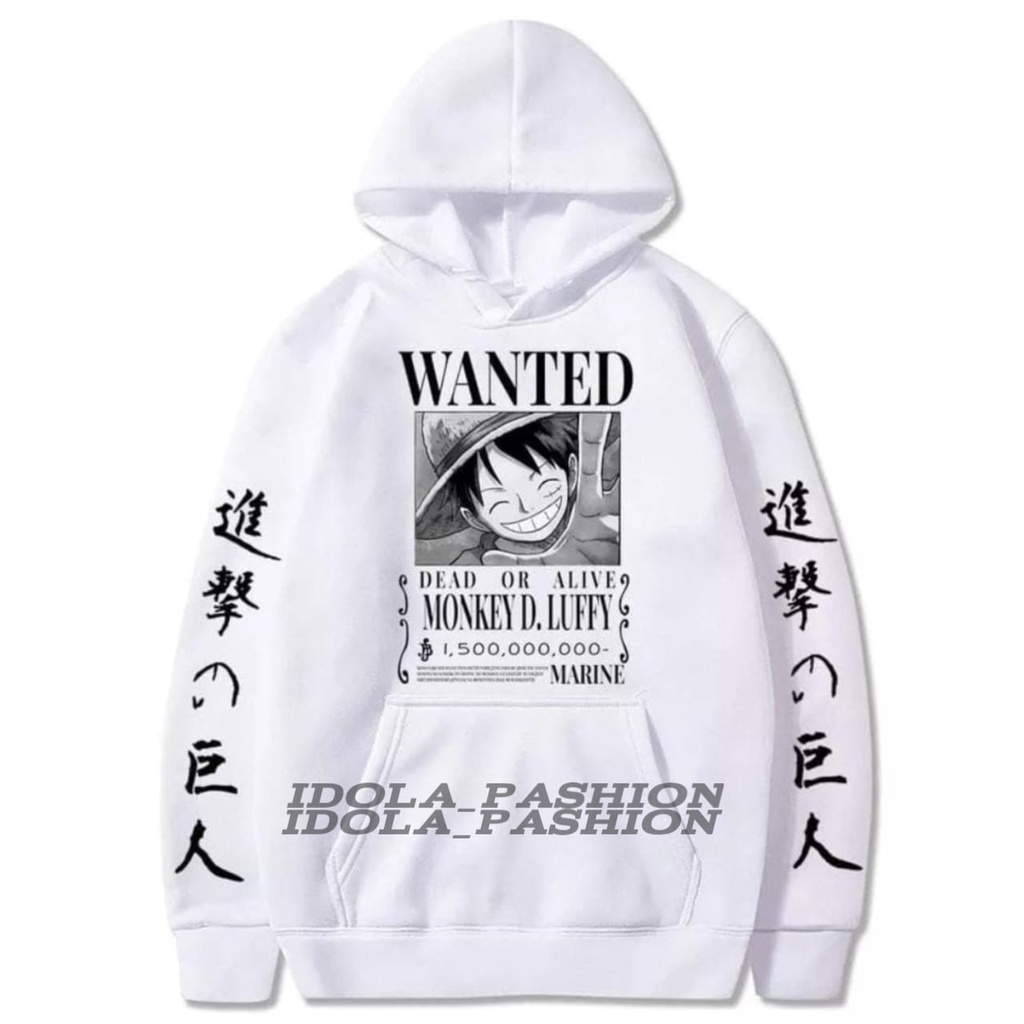 Jaket Sweater Hoodie One Piece Monkey D Luffy Wanted Putih Premium Untuk Anak Usia 6-15 Tahun Bahan Flece Tebal