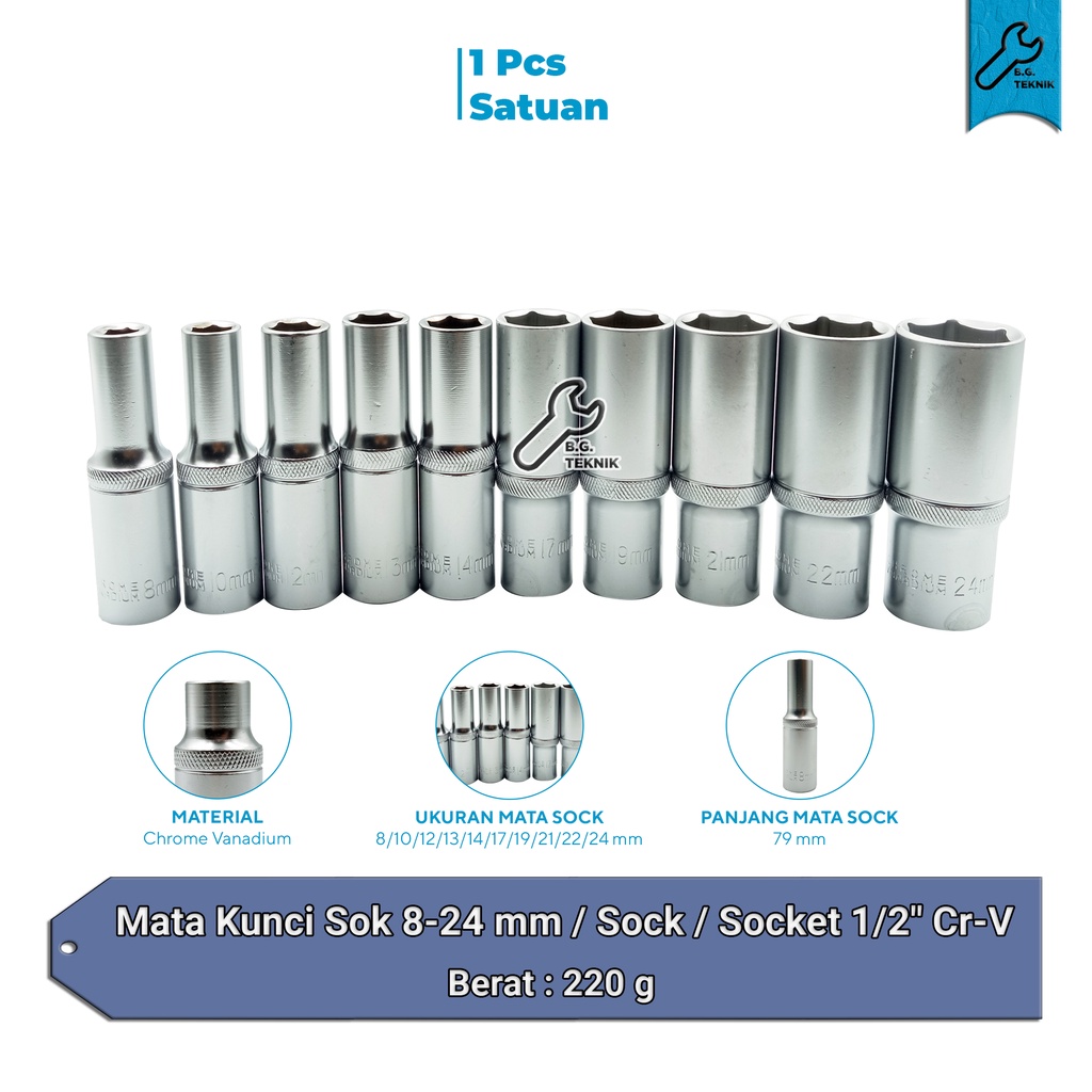 Mata Kunci Sok 8-24 mm / Sock / Socket 1/2&quot; Cr-V [SILVER PANJANG]