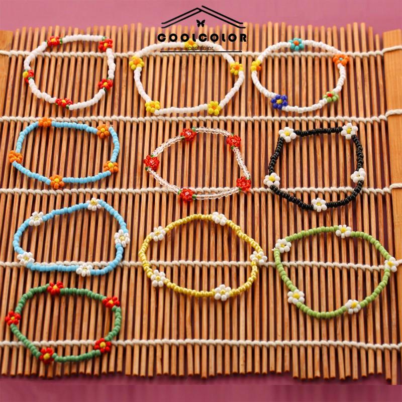 COD❤️Anyaman gelang kaki manik-manik beras warna-warni Gaya pantai Bohemian daisy gelang kaki wanita- cl