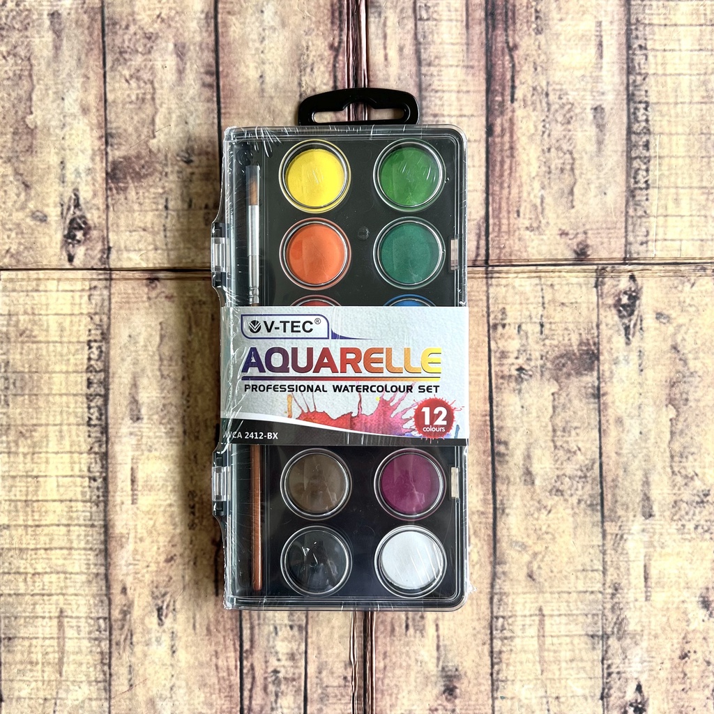 Cat Air 12 Warna Vtec - Watercolors - Water Colors Pallete Vtec Aquarelle 12 Warna Bonus 1pcs Kuas