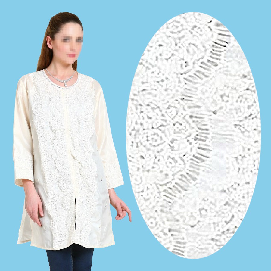 Tunik Atasan Muslim Putih Satin 2 Lapis Hias Renda dan Payet Kristal