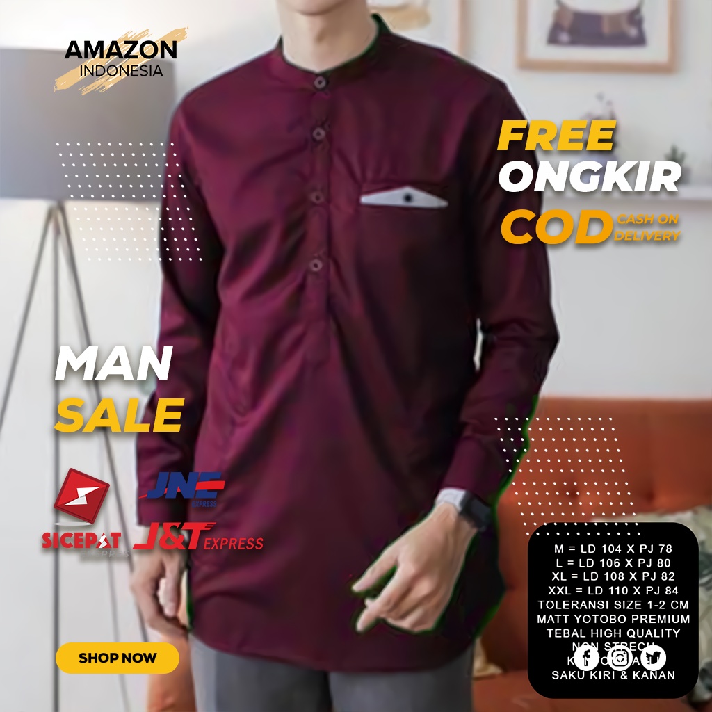 BAJU KOKO MUSLIM PAKAIAN PRIA TRENDY LENGAN PANJANG WARNA MAROON KAIN TEBAL KATUN TOYOBO SERAP KERINGAT