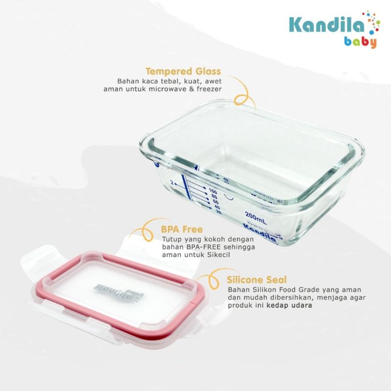 Kandila 200ml Glass Food Container Wadah Kaca untuk Makanan di Freezer Kedap Udara