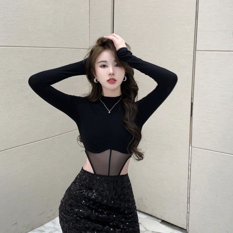 ◑☸Suhao Rajutan Sweater Wanita Irregular Setengah Tinggi Kerah Kemeja Musim Semi Rasa Desain Niche Hitam Hot Gadis one-Piece Top