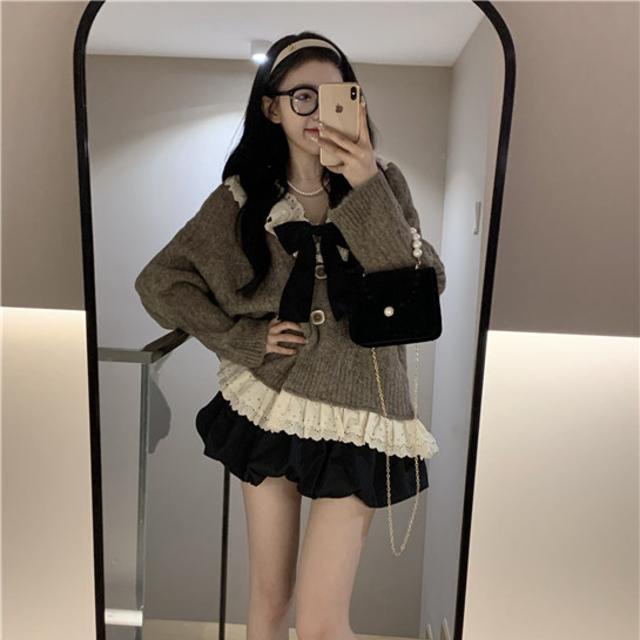 Suhao One-Piece Suit High Waist All-Match Rok + Retro Manis Gaya Barat Usia Mengurangi Renda Sweater Wol kardigan Jaket