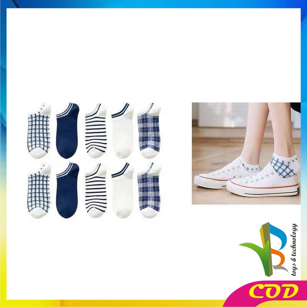 RB-P187 Kaos Kaki Pendek Wanita Motif Kotak Biru / Kaus Kaki Pendek Wanita Dewasa / Ankle Sock Fashion Korean Style