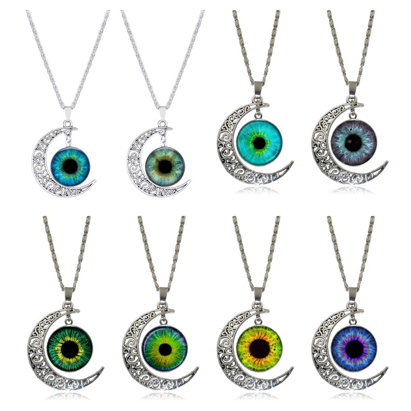 Mata Kucing Warna-Warni Mata Naga Desain Bulan Liontin Buatan Tangan Vintage Cat Eyes Glass Dome Moon Necklace