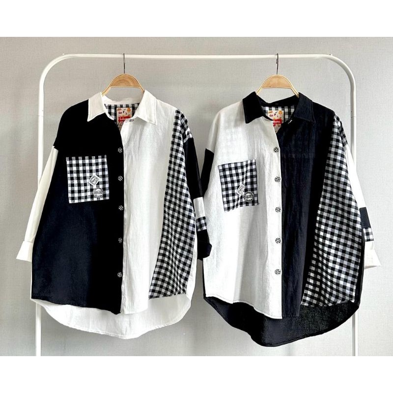 Atasan Kemeja Katun Linen Import Hitam Putih Kombinasi Kotak New LuBaNa#6673
