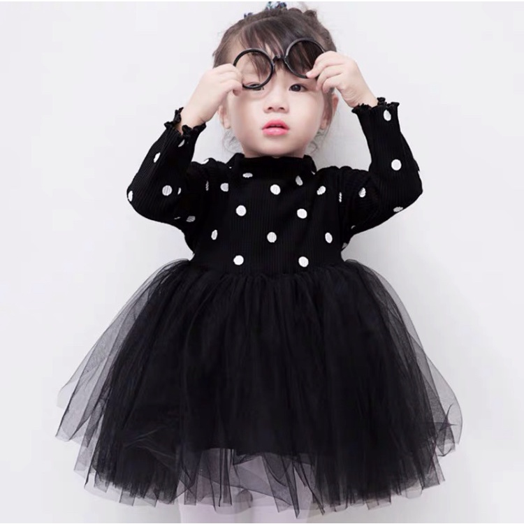 Dress Anak Perempuan Gaun Bayi Import Korea Polkadot Warna Hitam Putih Newborn Lebaran Aqiqah Natal