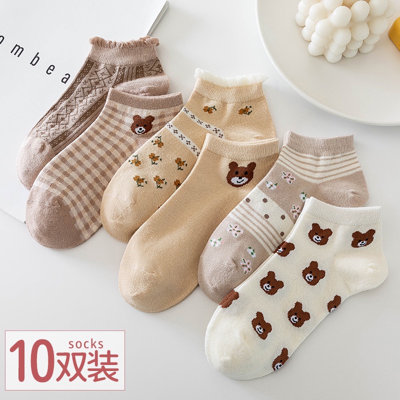 OVERFLOWS.ID KAOS KAKI WANITA MOTIF CUTE BEAR COKLAT GARIS KOTAK FASHION KOREA WOMEN SOCK IMPORT MURAH