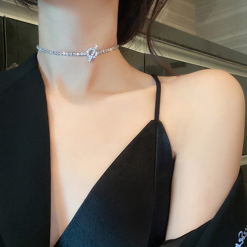 Super flash rhinestone OT clasp Kalung Pendek Wanita Korea Gaya Minimalis Rantai Tulang Selangka