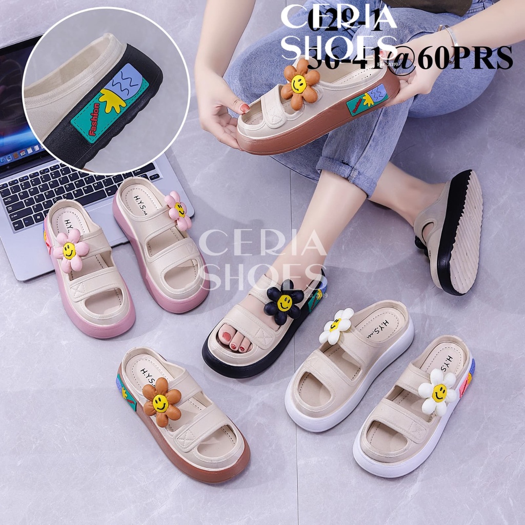 PVC Sandal Slop Wanita Karet Jelly Import Double Strap Sun Flower Smile Bahan Super Soft Karet Elastis Empuk Tebal Sol Anti Slip