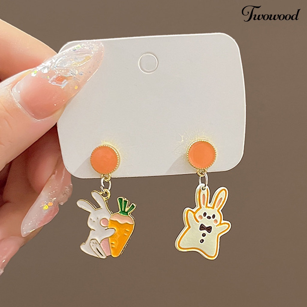 Twowood 1pasang Ear Studs Asymmetric Lucu Mini Hypoallergenic Alloy Hadiah Fashion Perhiasan Kartun Kelinci Wortel Liontin Menjuntai Anting Untuk Pacaran