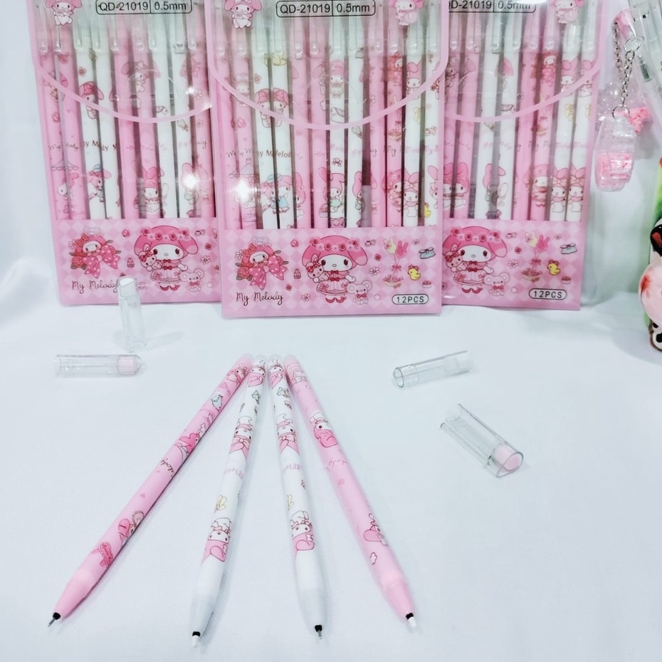 PULPEN ERASABLE SANRIO MELODY 1SET ISI 12 PCS TINTA HITAM BISA DIHAPUS PENA ALAT TULIS SEKOLAH ANAK KUALITAS PREMIUM STATIONARY FANCY TERBAIK BISA GROSIR DAN COD