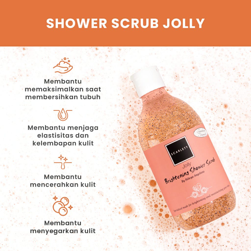 (  JB99 ) SCARLETT Brightening Shower Scrub 300ml Pomegrante Mango Cucumber Coffee Charming Freshy Jolly by Felicya Angelista