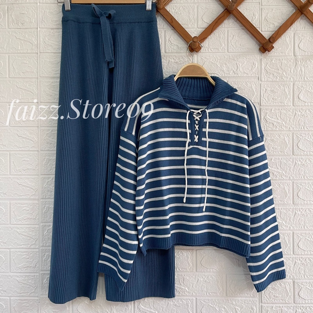ONESET SWETER RAJUT TINY STIRIPPY SETELAN CELANA KULOT