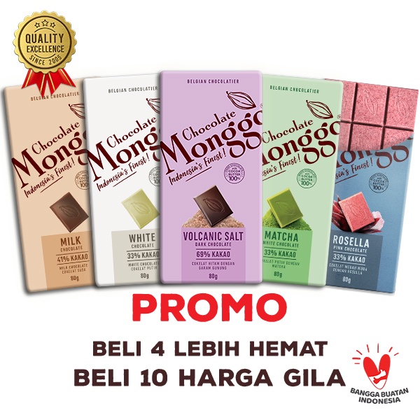 

Chocolate Monggo | Cokelat Pleasure Premium 24 Flavours | Coklat Murni 100% Cocoa Butter | Artisan Indonesia | Milk White & Dark | Tablet 80gr