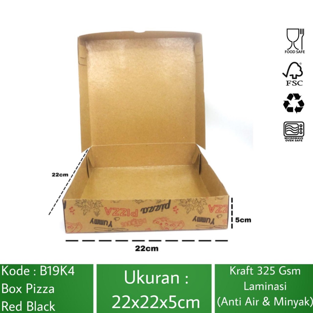 

BOX PIZZA LAMINASI B19K4Z1 Uk. 22x22x5 (ISI PAKET 10) MOTIF PIZZA KRAFT325gsm