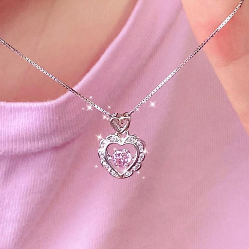 Ladies Kreatif Wanita Wanita Korea Klavikula Kalung Berongga Merah Muda Kristal Hati Pernikahan Liontin Kalung Pesona Kalung Vintage Gadis Elegan Rantai Kalung Choker Necklace
