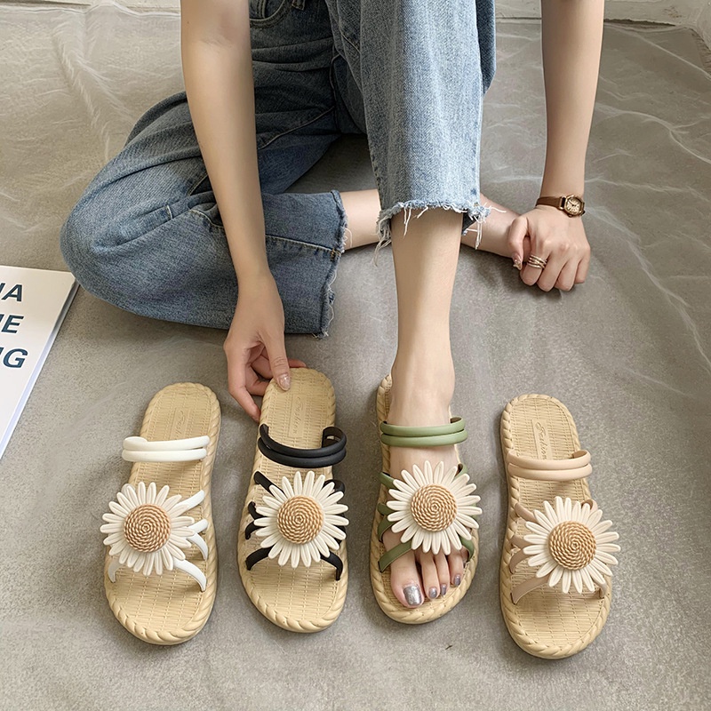 Sandal Slop Flat Tali Kepang Bunga Daisy Sandal Wanita Slip On Fashion Style Kasual Nyaman Empuk PVC Satu7an SPT-38