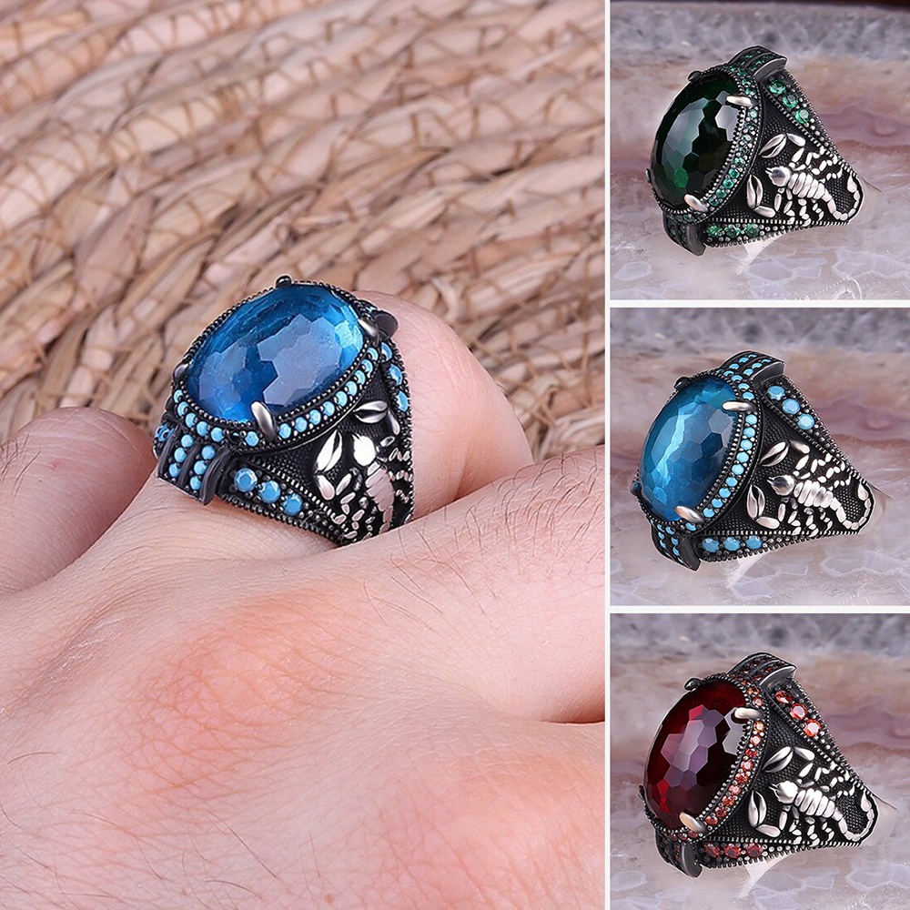 3warna Batu Permata Gaya Vintage Scorpion Berlian Kristal Pria Punk Perhiasan Fashion Jari Rings