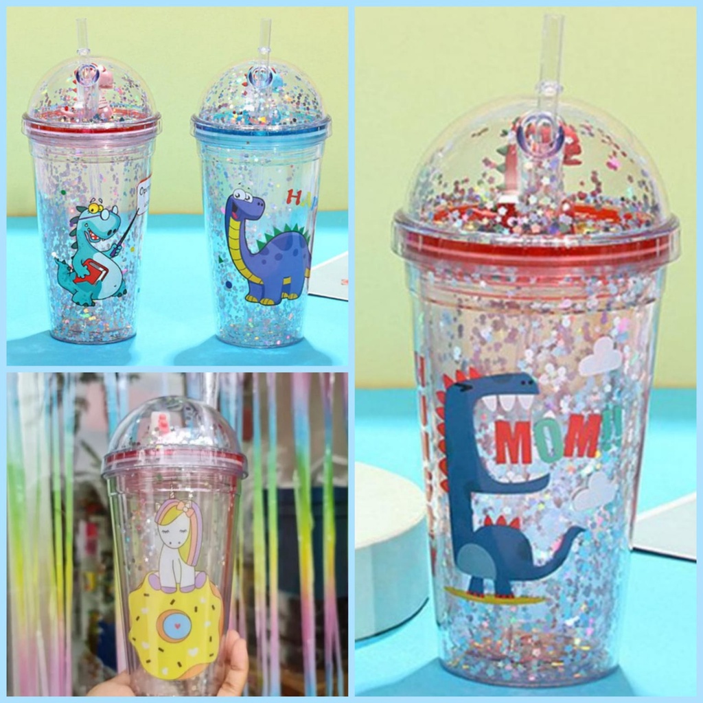 Botol Tumbler Gel Glitter Anak Karakter Hewan Lucu 3D Ada Sedotan Unicorn Dino