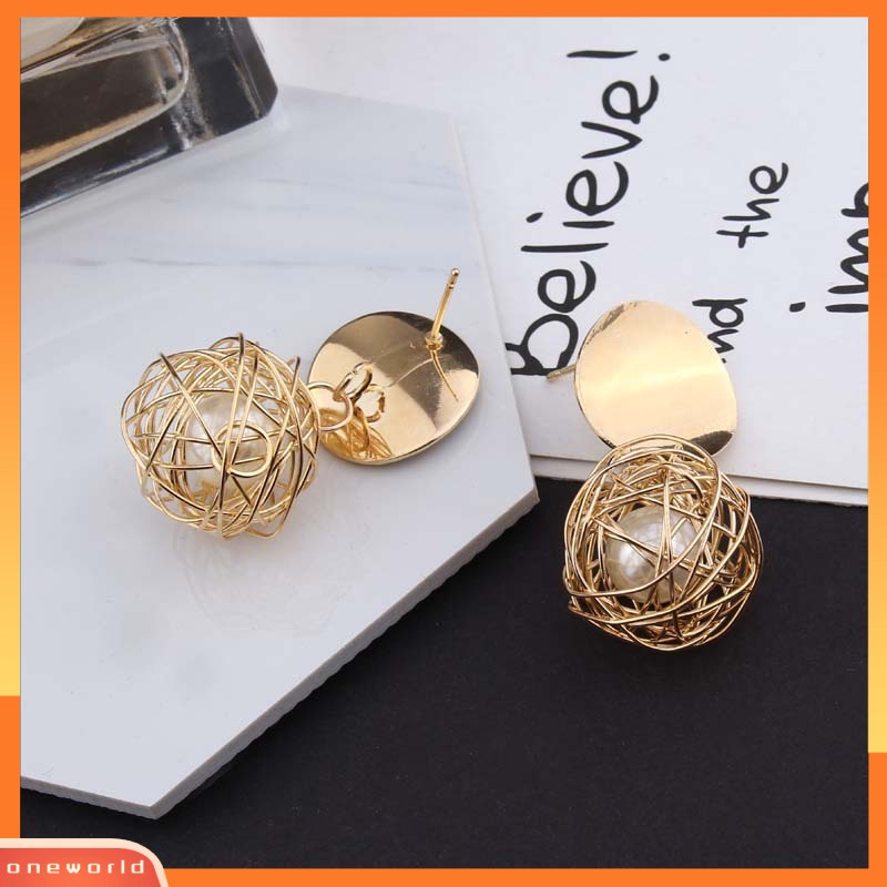 OW@ Women Fashion Geometric Woven Hollow Ball Faux Pearl Drop Earrings Jewelry Gifts