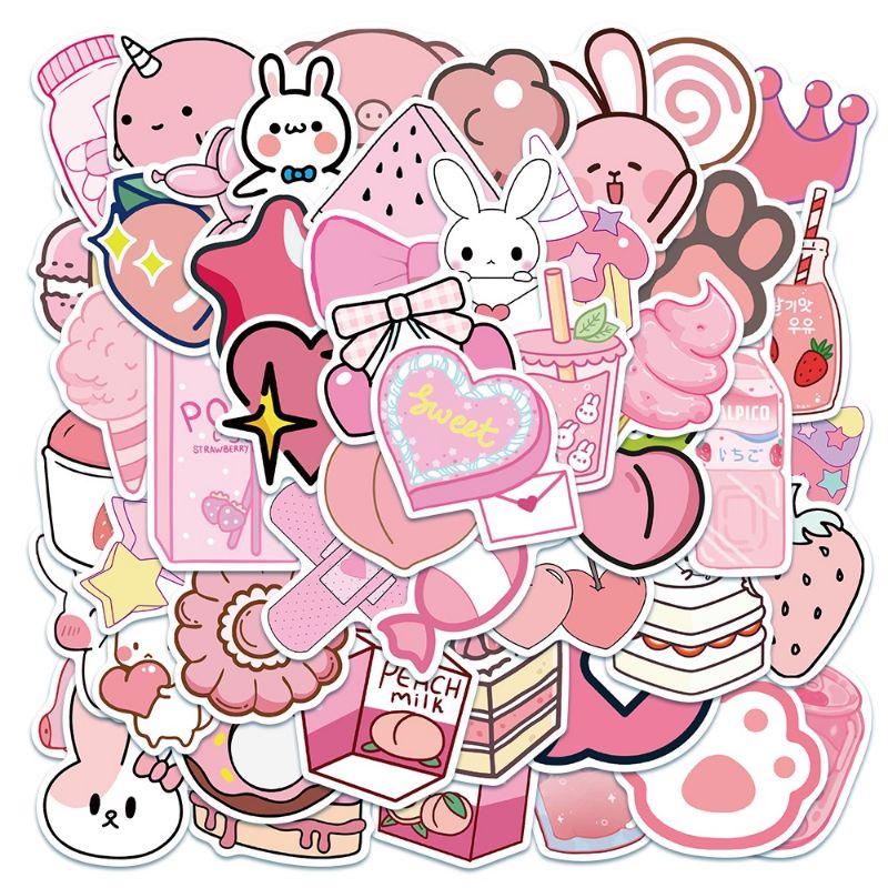 

12pc Stiker Snack Minuman Pink Sticker Deco Vinyl Journal Diary Graffiti Scrapbook Lucu Imut