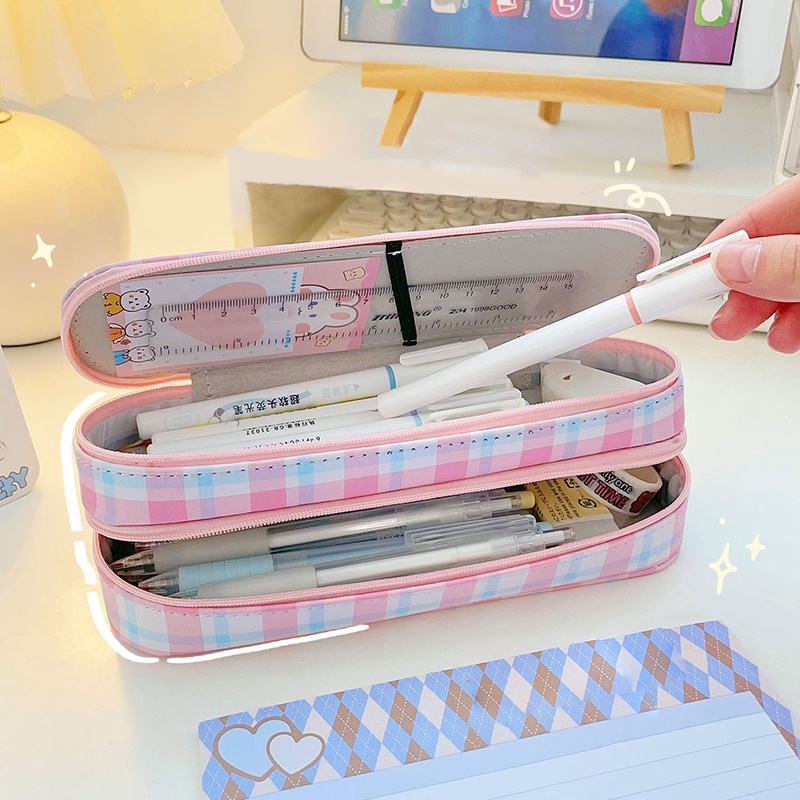 Lucu Kartun Double-Layer Ritsleting Ritsleting Kotak Pensil Mahasiswa Kapasitas Besar Tahan Air PU Pen Bag