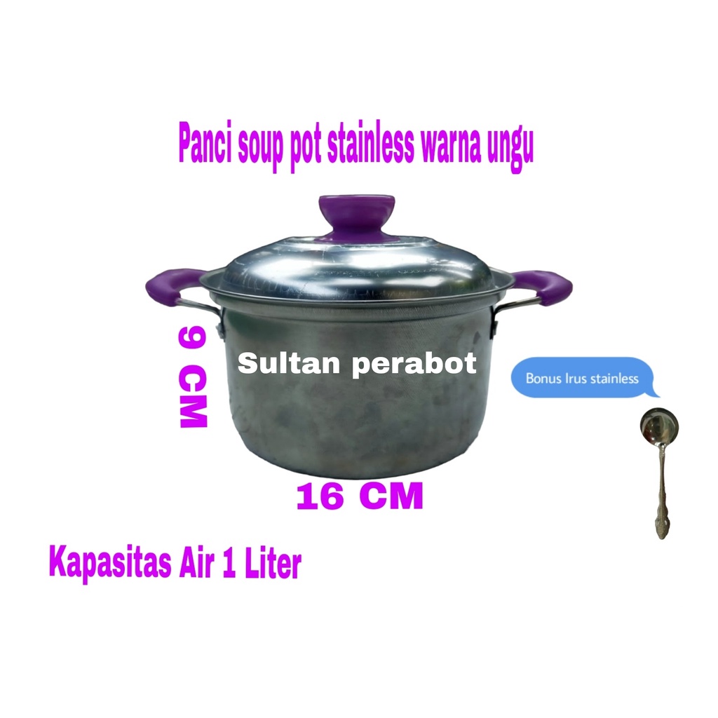 Panci sup soup pot 16cm 18cm 20cm 22cm 24cm stainless steel + tutup warna ungu free irus