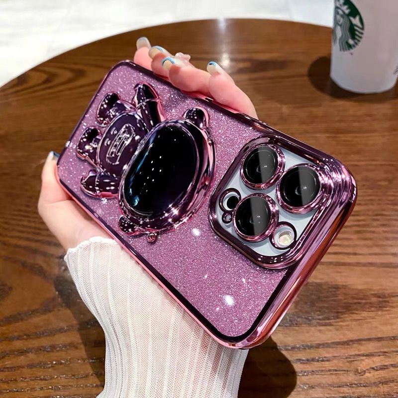 IPHONE Mewah 3D Astronot Glitter Berdiri Lubang Bening Casing Ponsel Untuk Iphone14 11 13 12 Pro Max X XS Max XR 78 Plus Se2020 Silikon Shockproof Cover