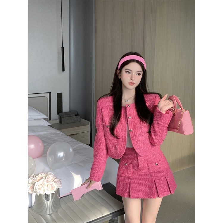 ∈℗Suhao high-end rasa wewangian kecil gaya wanita temperamen jaket mantel wanita musim gugur 2022 setelan baru rok lipit two-piece set