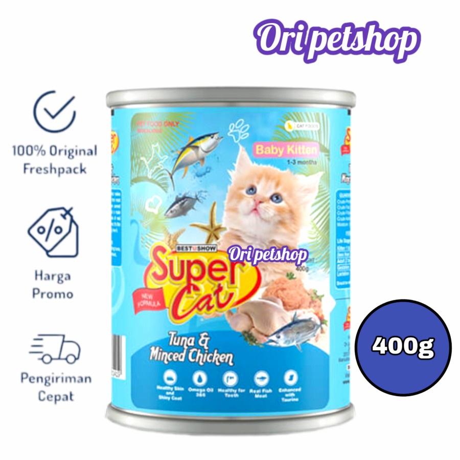 Supercat Kaleng Wet Cat Food 400g Baby Kitten Tuna &amp; Mincen Chicken