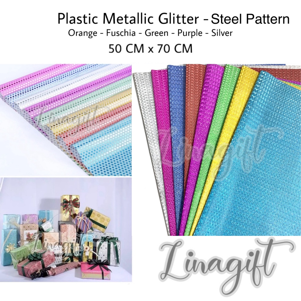 ( 3 Lembar ) PLASTIC METALLIC GLITTER STEEL PATTERN - PLASTIK GLITER METALIK SHINY MENGKILAP MOTIF BESI SILVER GOLD EUSTHATIC CLASSIC VINTAGE