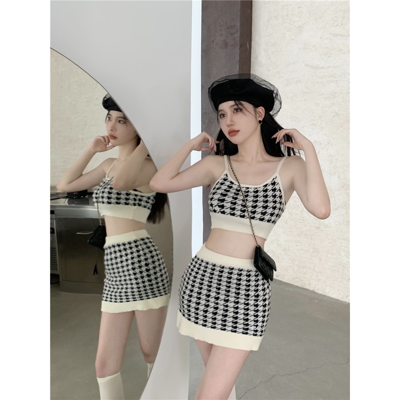 ☌☇Suhao Keinginan Murni Gaya Manis dan Pedas Suit Houndstooth Gadis Panas Kamisol Seksi Top Wanita Musim Panas Paket Hip Slim rok Two-Piece Set