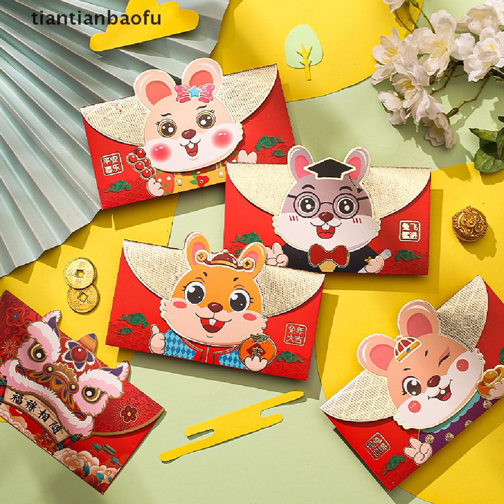 [tiantianbaofu] 4pcs Amplop Merah Imlek Amplop Merah Kantong Merah Chinese Red Packets Hong Bao Amplop Uang Keberuntungan Butik