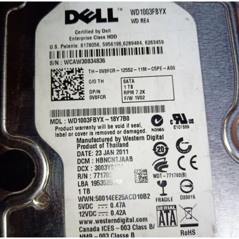 Server DELL 1TB SATA 7.2K 3.5&quot; wd1003fbyx plus bracket