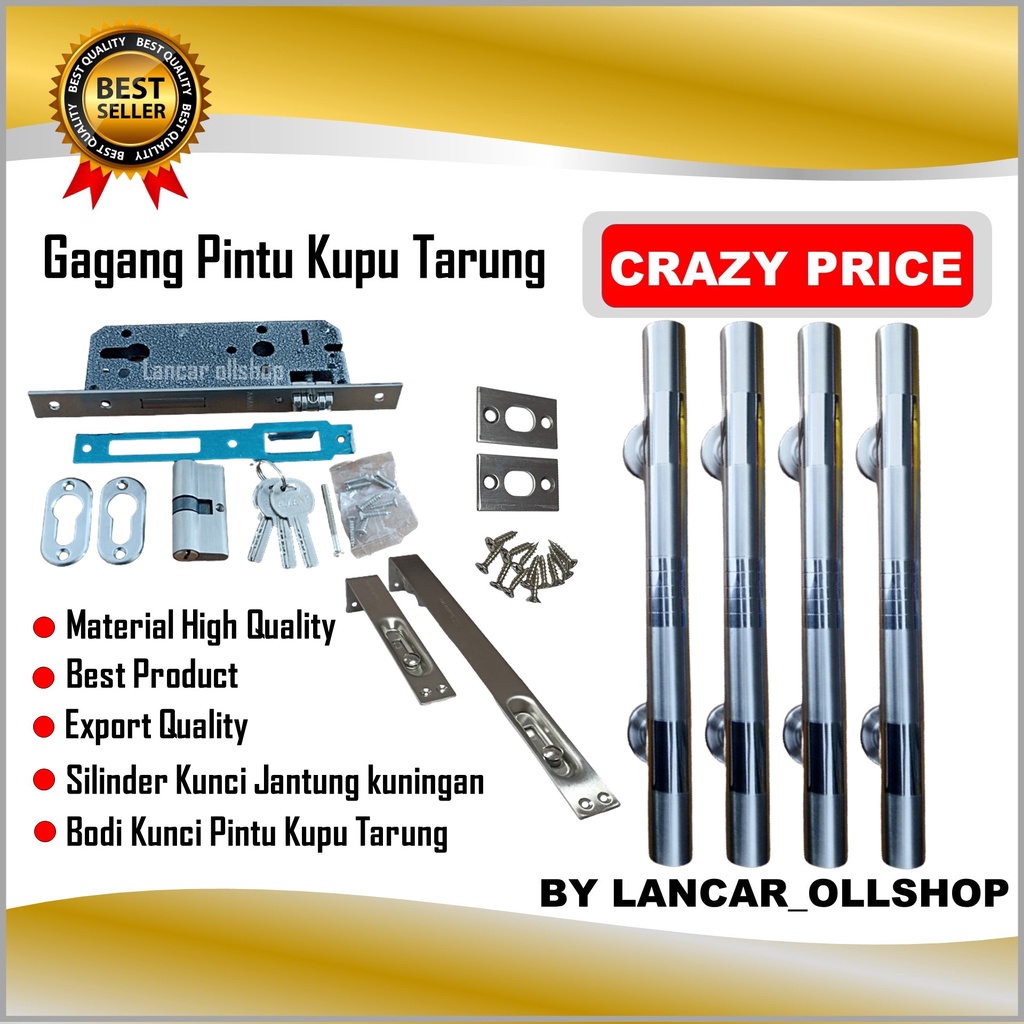 1 set tarikan pintu stainless + body kunci pelor + grendel tanam stainless