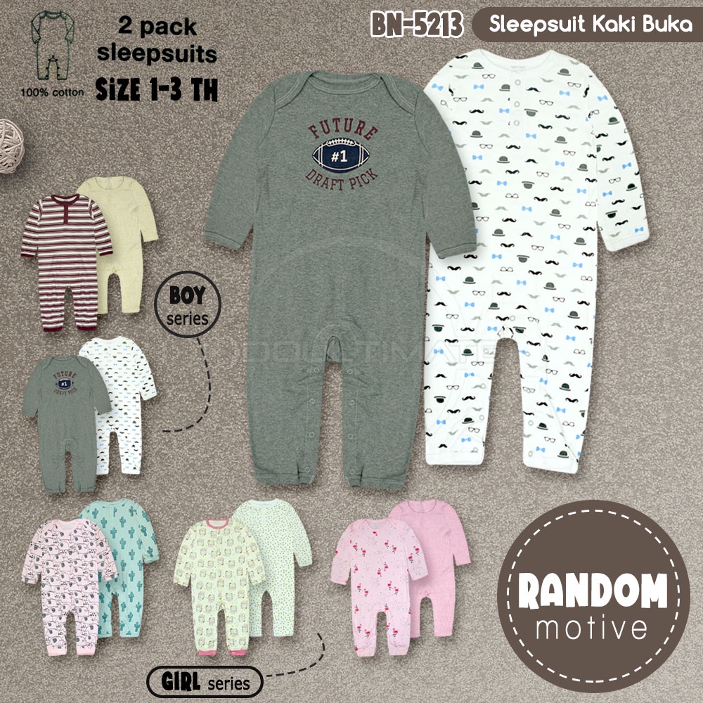 [RANDOM] Sleepsuit Bayi 2 Pcs 100% COTTON kaos jumsuit bayi BN-5213 Jumper Kaki Buka Bayi Laki Laki Perempuan