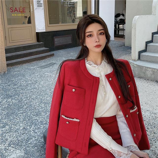 Suhao setelan dua potong wanita dalam mantel pendek wol selebritas retro Xiaoxiangfengzhenghong + setelan rok tipis