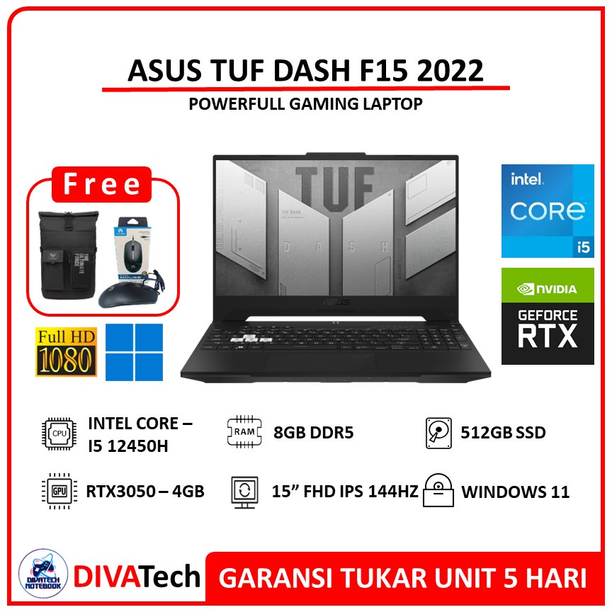 Asus TUF Dash F15 2022 FX517ZC RTX3050 i5 12450H Max RAM 32GB FHD 144Hz | Laptop Asus TUF