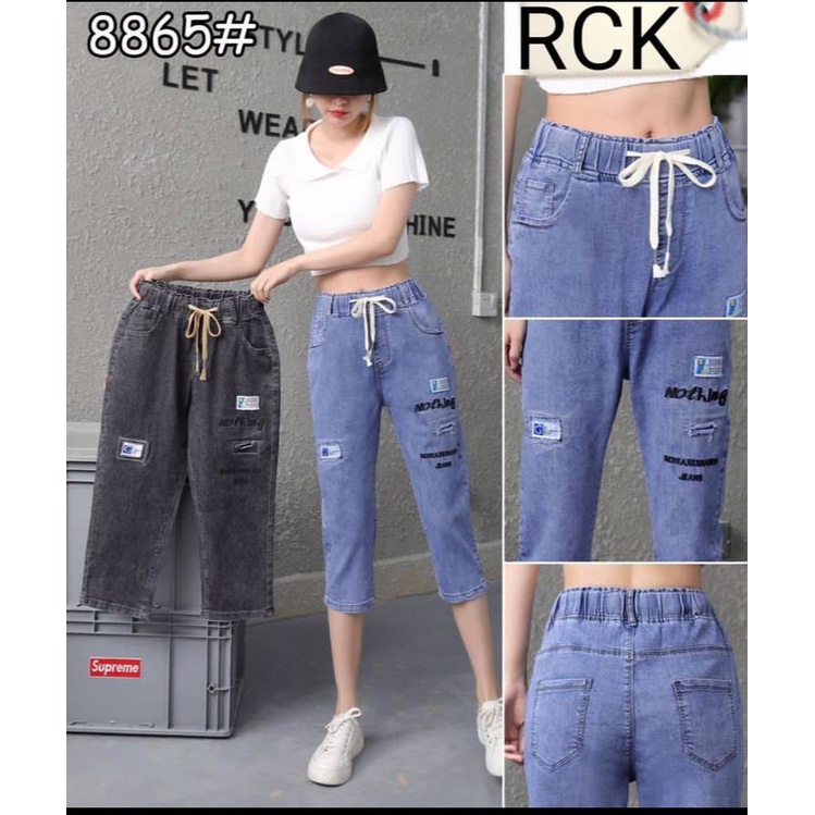 12077 CELANA 7/8 JEANS PINGGANG KARET KELILING SERUT TALI DEPAN WANITA VARIASI TEXT BORDIR BEREAXESN