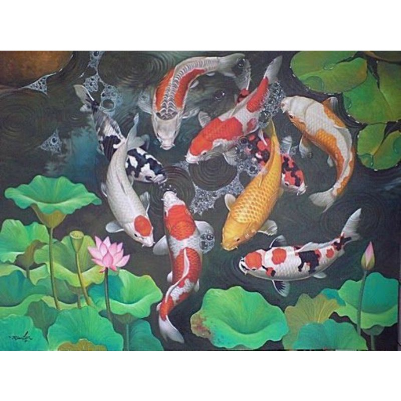 hiasan dinding lukisan cetak ikan koi hias plus bingkai ukuran 85×55