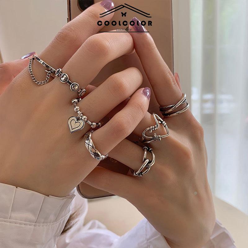 COD❤️7Pcs/Set Perhiasan Cincin Rantai Cinta Fashion Korea Vintage Adjustable Gaya Untuk Wanita- cl